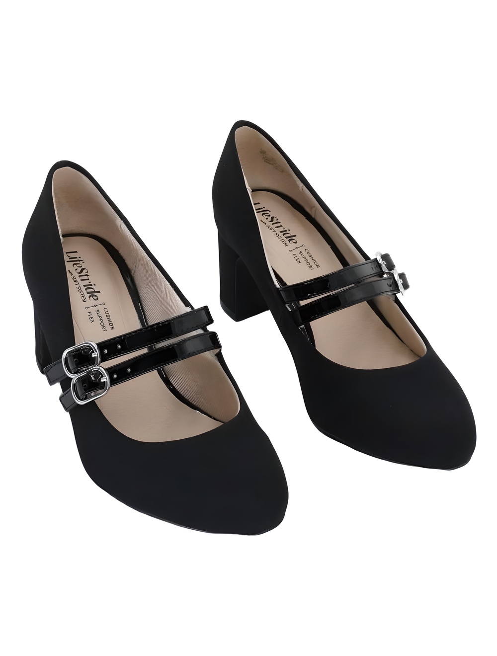 LifeStride True Black Patent Double Strap Mary Jane Block Heel Pumps Size 6W